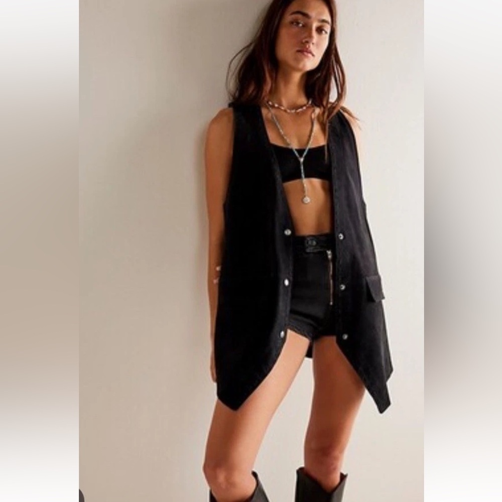 Free People Low Rider Suede Vest We The Free Snap Up Pockets Black